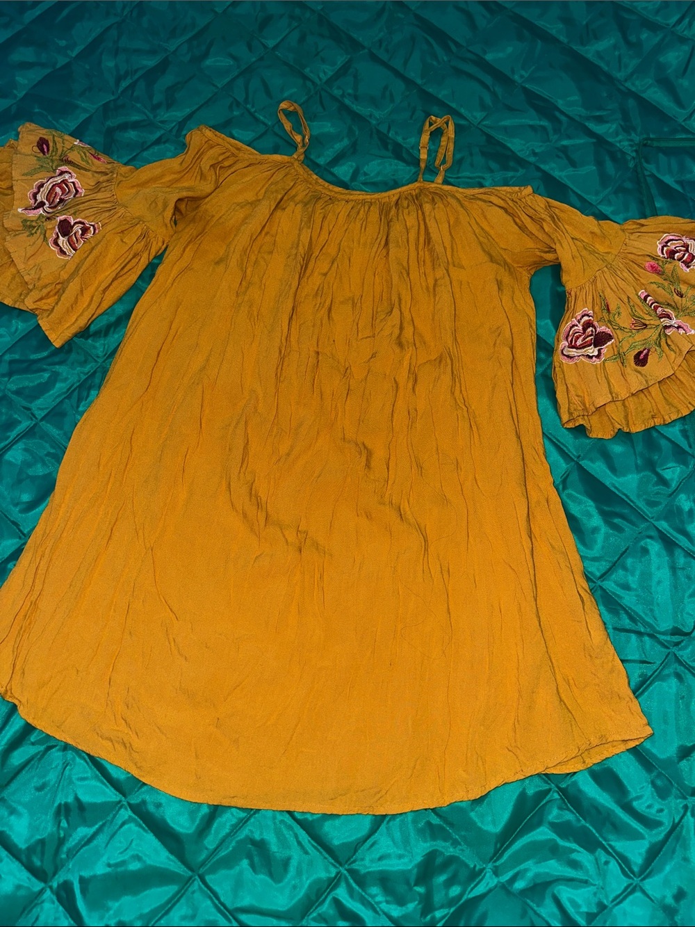 Embroidered Off-Shoulder Mini Dress in Mustard
